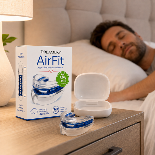 Dreamery AirFit adjustable anti-snore device in a calm bedroom setting