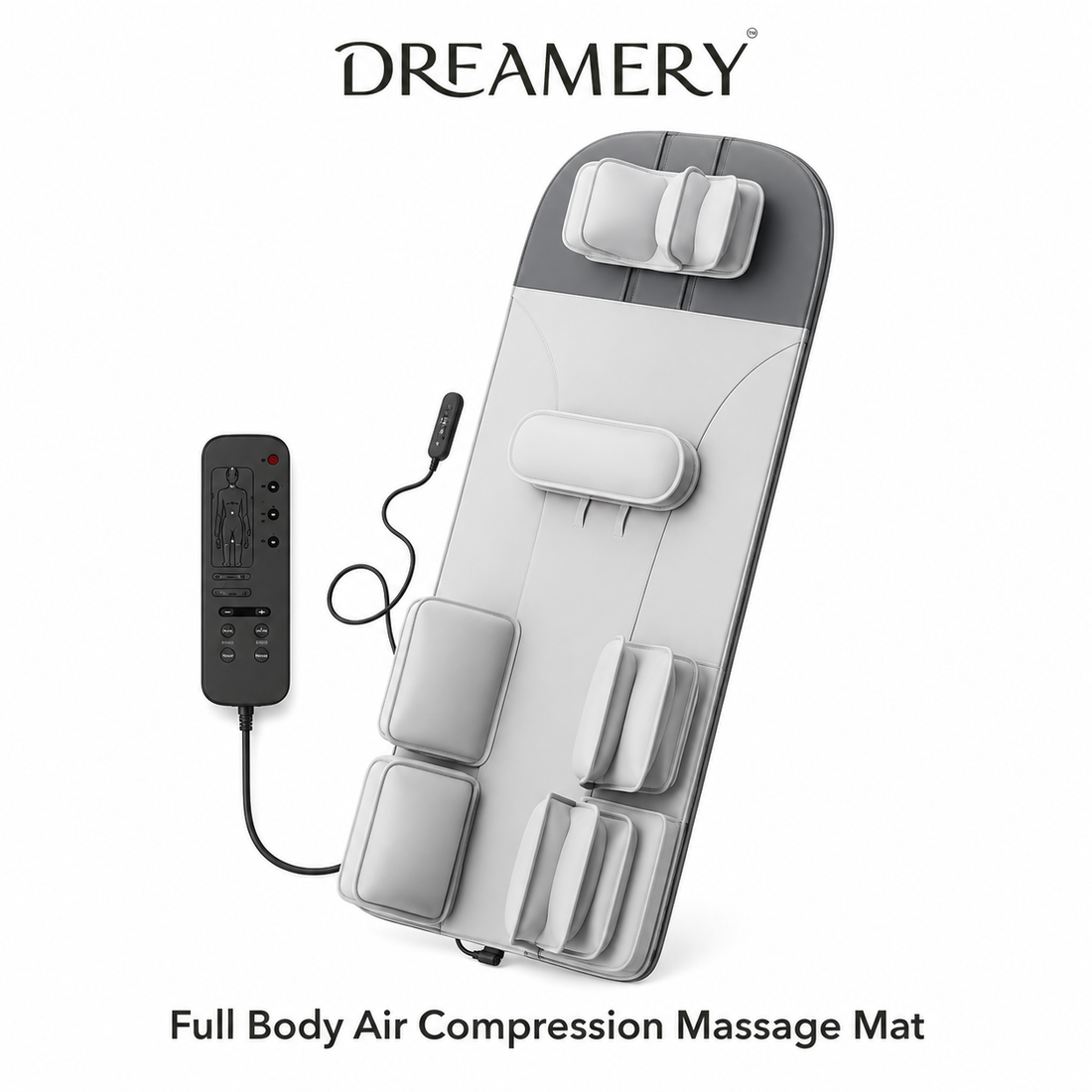 Dreamery AirCloud massage mat laid flat with wired controller beside it on a neutral floor