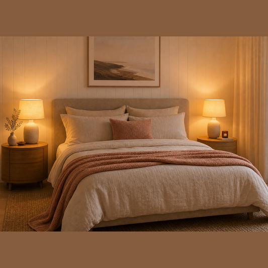 Warm bedroom lit by amber bedside lamps with calm bedding
