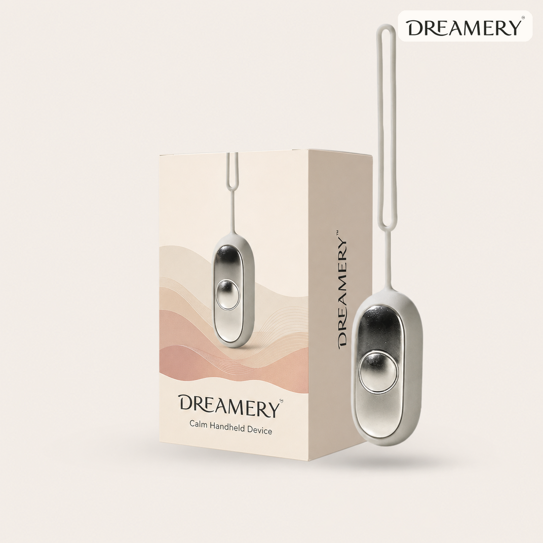 Dreamery CalmLoop handheld device product photo showing the compact oval shape and wrist loop