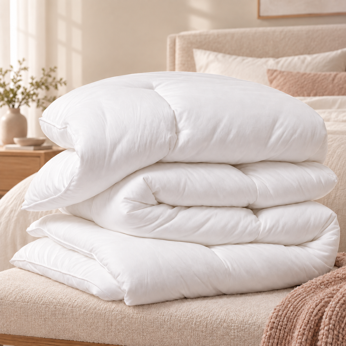 White square-quilted Cloudmellow comforter folded on a bed in a warm neutral bedroom