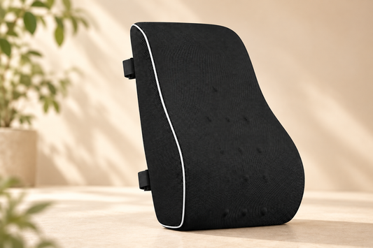 Black contoured lumbar cushion with a mesh cover and white piping on a warm ivory surface