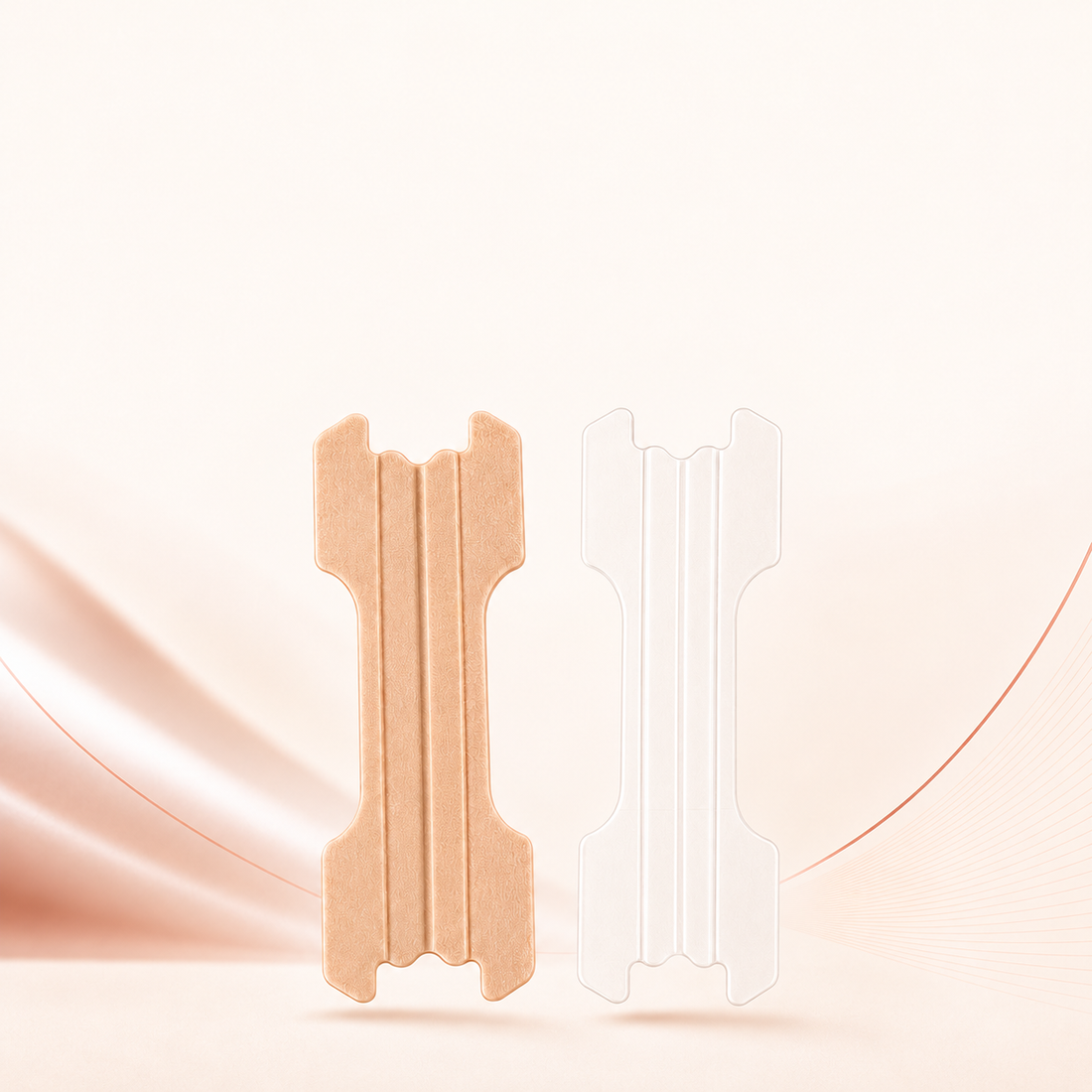 Beige Natural and transparent Clear nasal strips side by side on a warm cream background