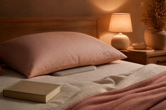 Calm bed with a closed book and discreet under-pillow speaker beside a warm bedside lamp