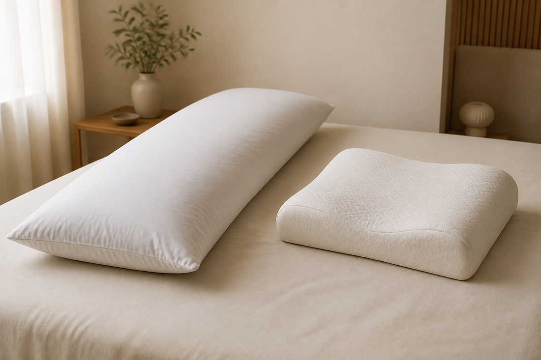 Long body pillow and contour pillow arranged side by side on a neutral bed