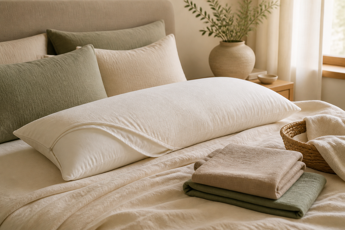 Long body pillow with a fresh cover and folded linen on a warm neutral bed