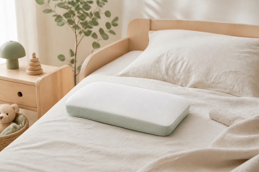 Dreamery Coolcloud toddler pillow on a calm low bed in a neutral child's bedroom