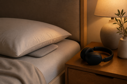 Under-pillow speaker on a bed beside wireless headphones on a bedside table