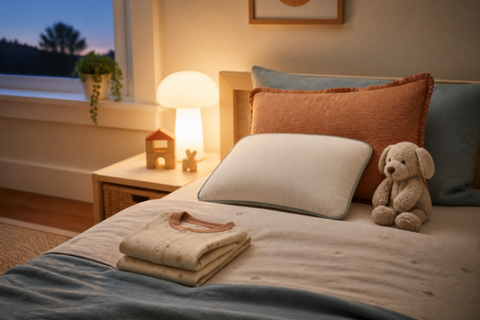 Fresh toddler pillow and folded bedding arranged in a calm neutral bedroom