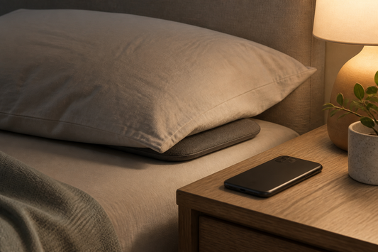 Flat under-pillow speaker beneath a soft pillow beside a phone on a bedside table