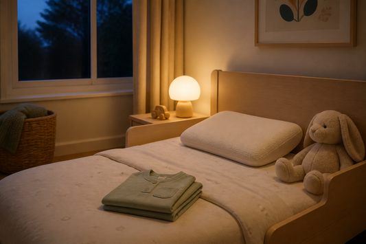 Toddler bed prepared for bedtime with a child-sized pillow, folded pyjamas and a simple plush toy