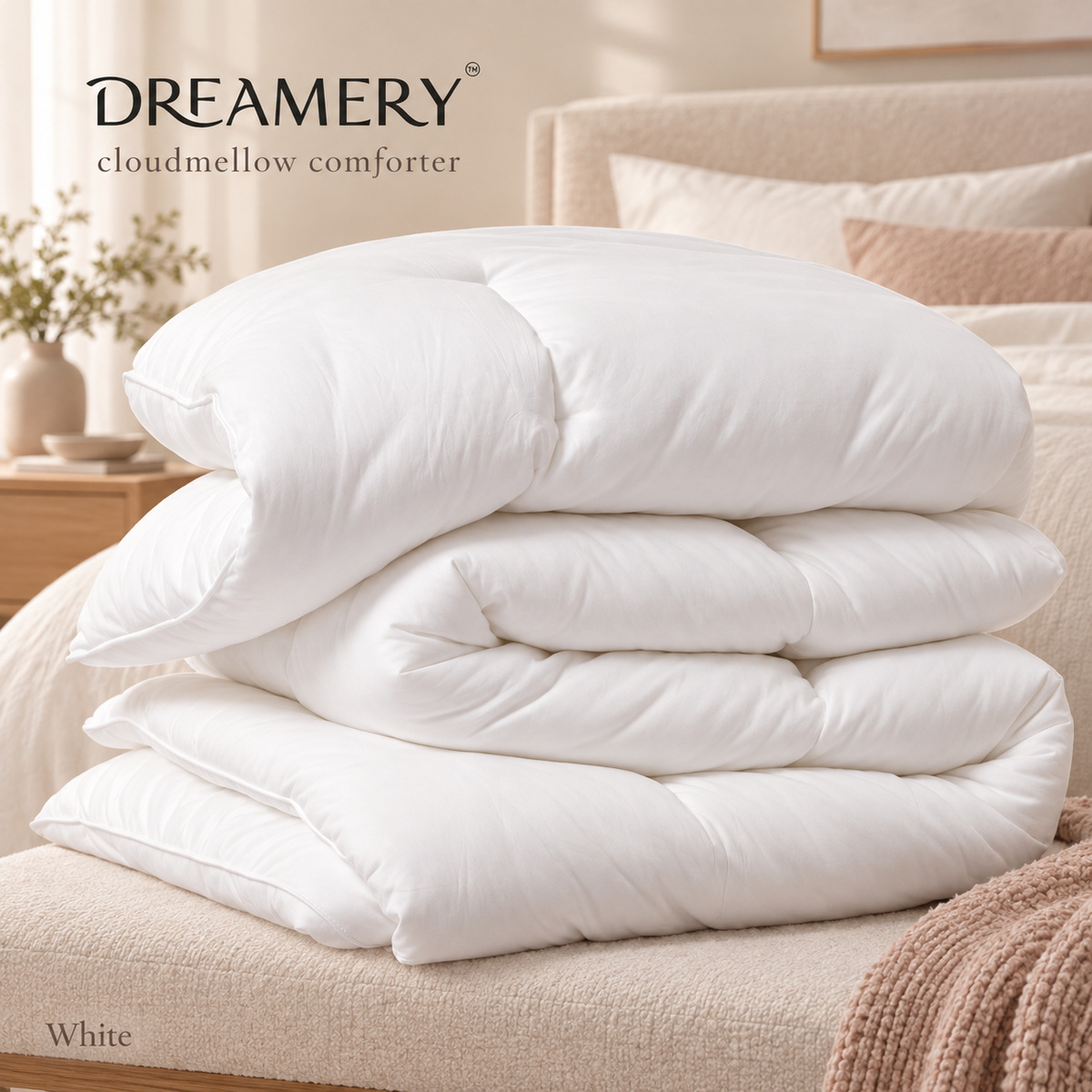 White Dreamery Cloudmellow comforter styled on a bed