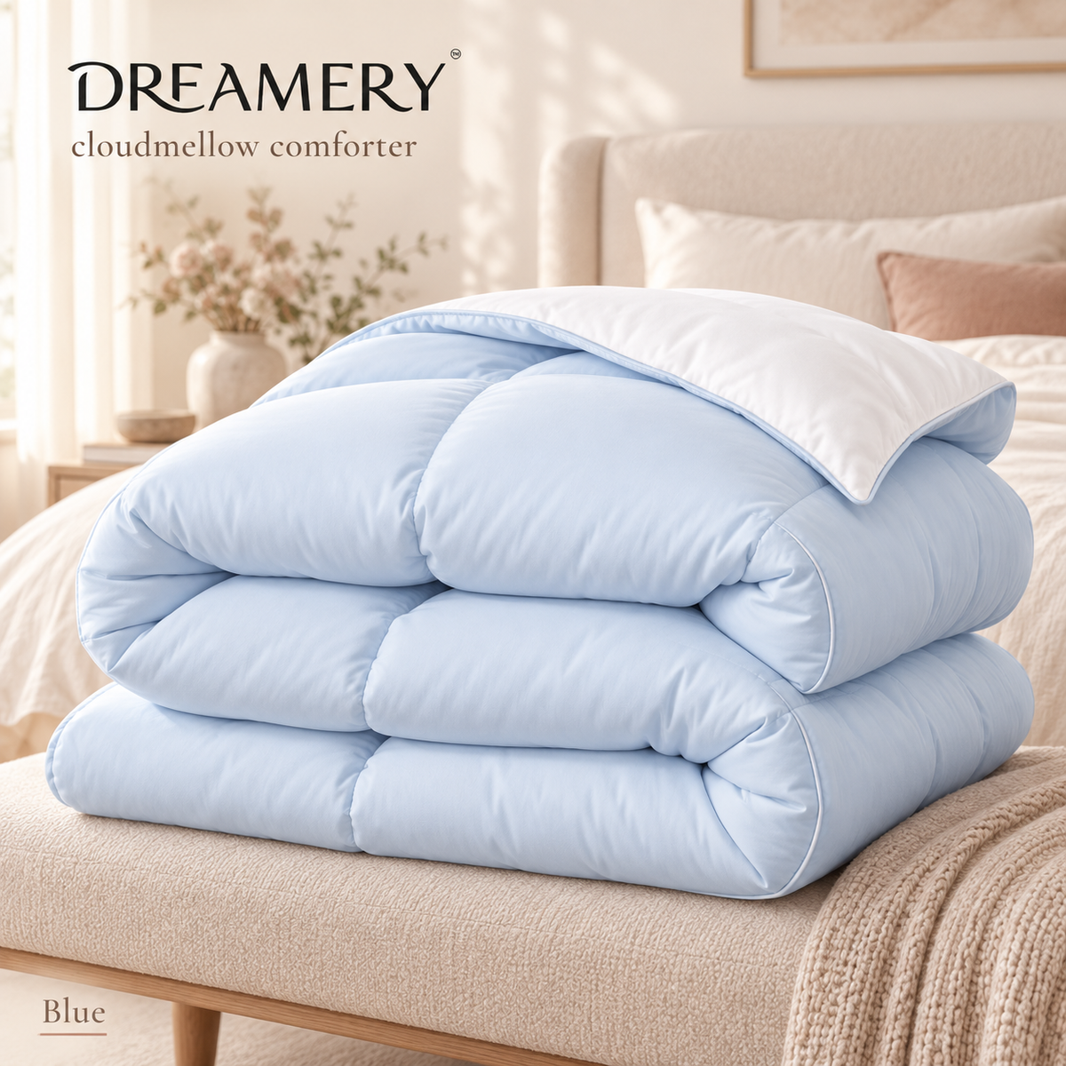 Blue Dreamery Cloudmellow comforter with a white reverse styled on a bed