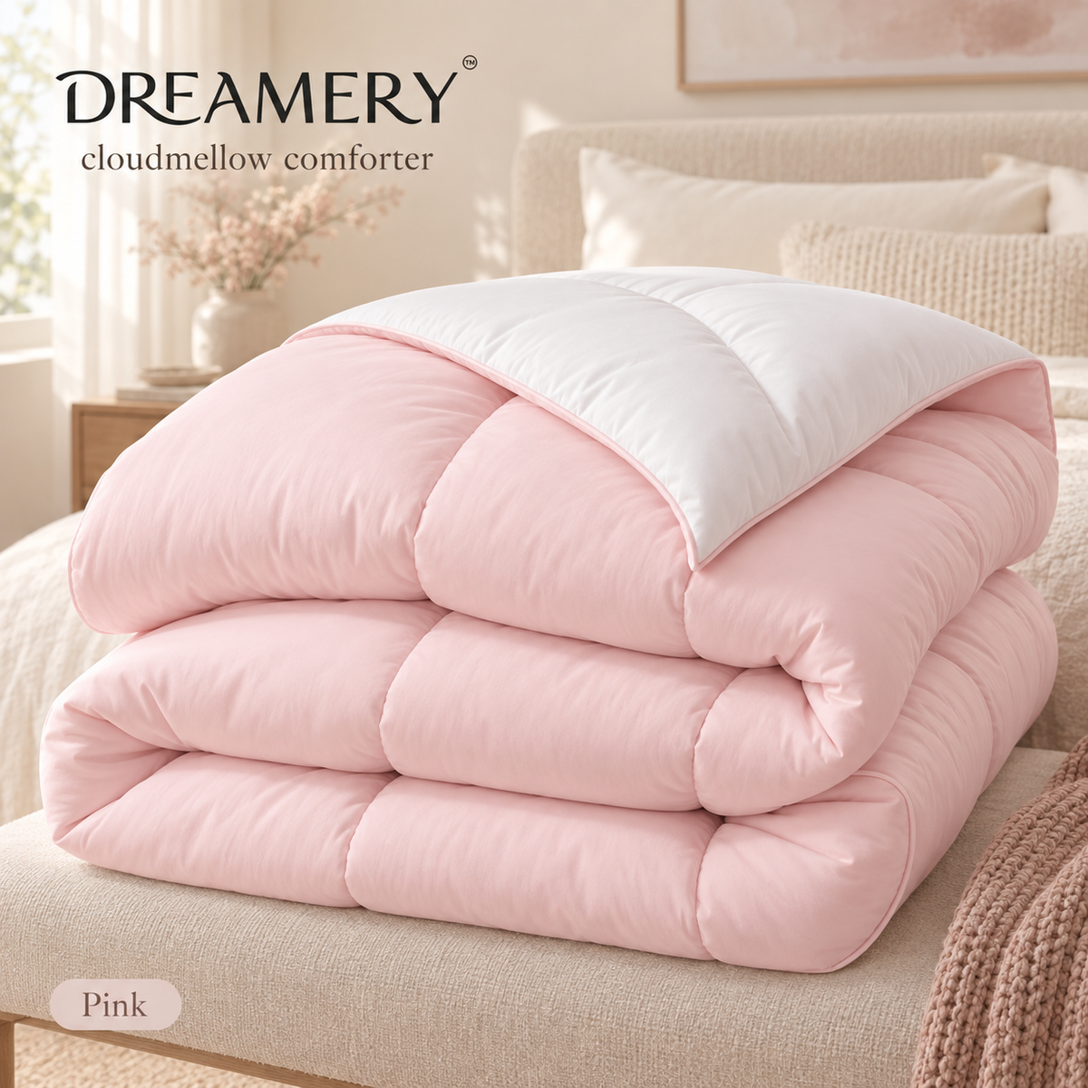 Pink Dreamery Cloudmellow comforter with a white reverse styled on a bed