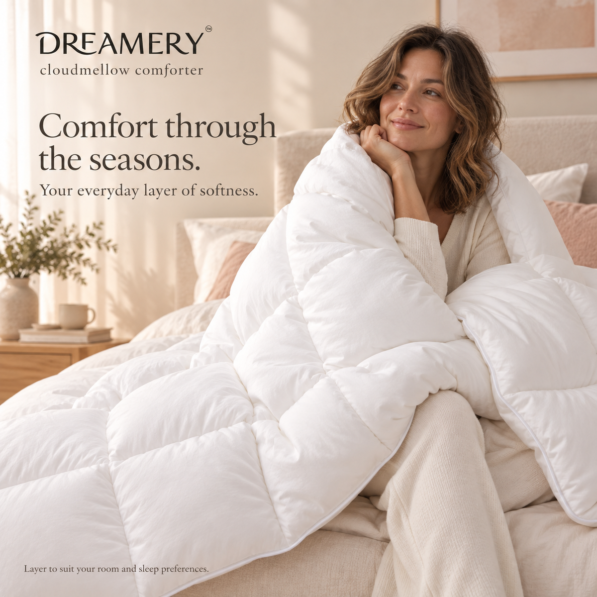 Dreamery Cloudmellow all-season comforter styled in a bedroom