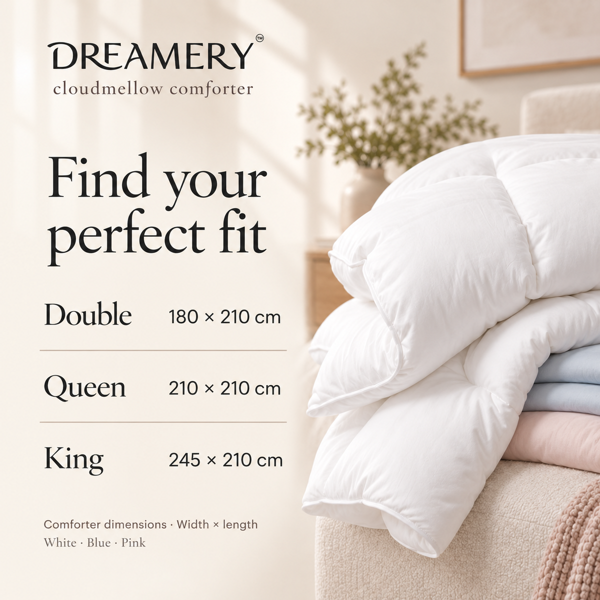 Cloudmellow size guide: Double 180 × 210 cm, Queen 210 × 210 cm and King 245 × 210 cm