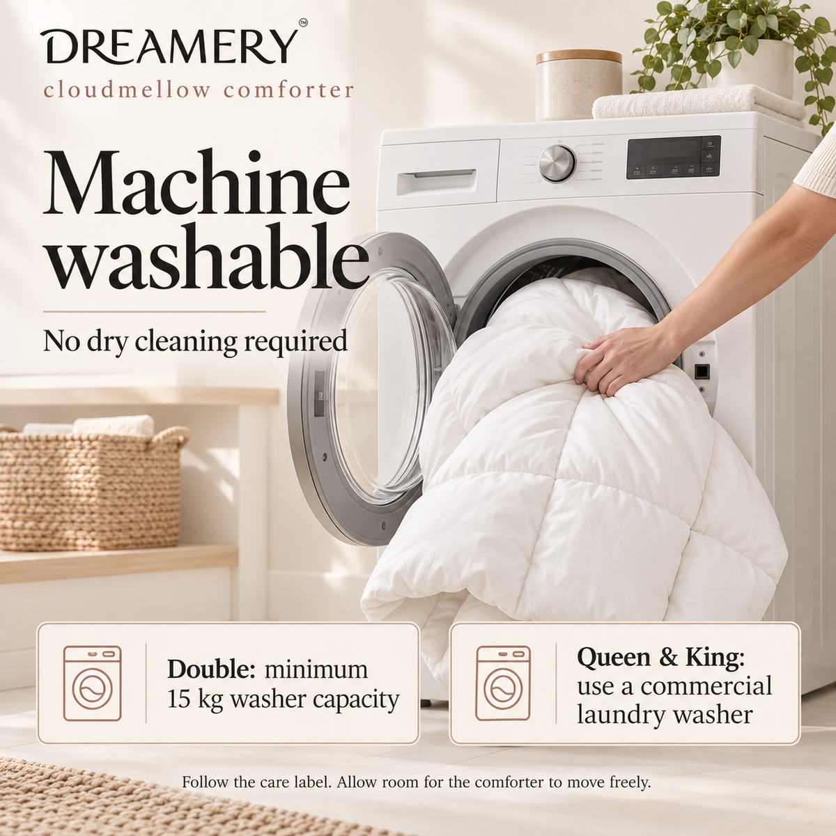 White Dreamery Cloudmellow comforter in a front-loading washing machine, with washer capacity guidance in kilograms