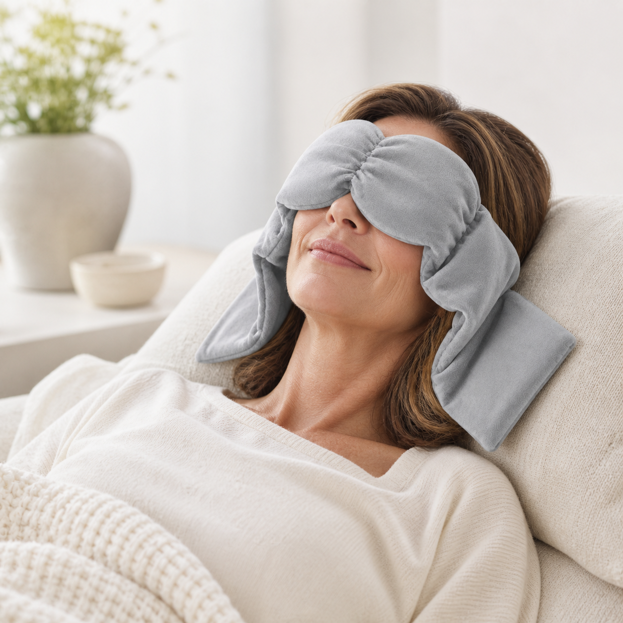 Grey Plush Weighted Eye Mask being worn