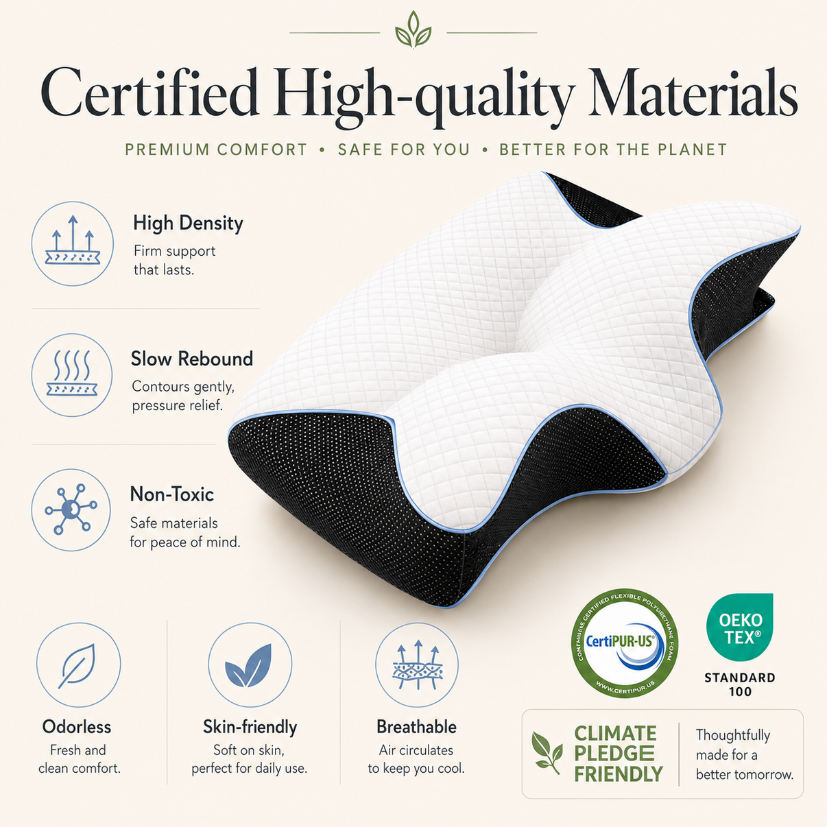 Certified materials of the Cloud Contour Pillow, CertiPUR-US foam and OEKO-TEX cover
