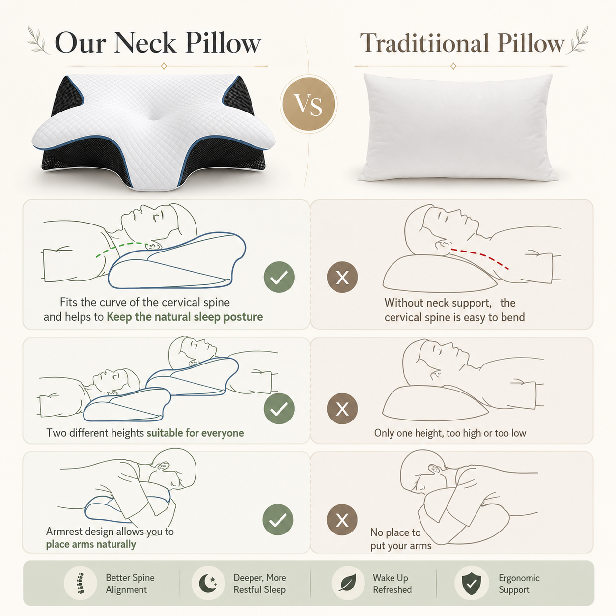 Cloud Contour Pillow compared with a traditional pillow for resting position
