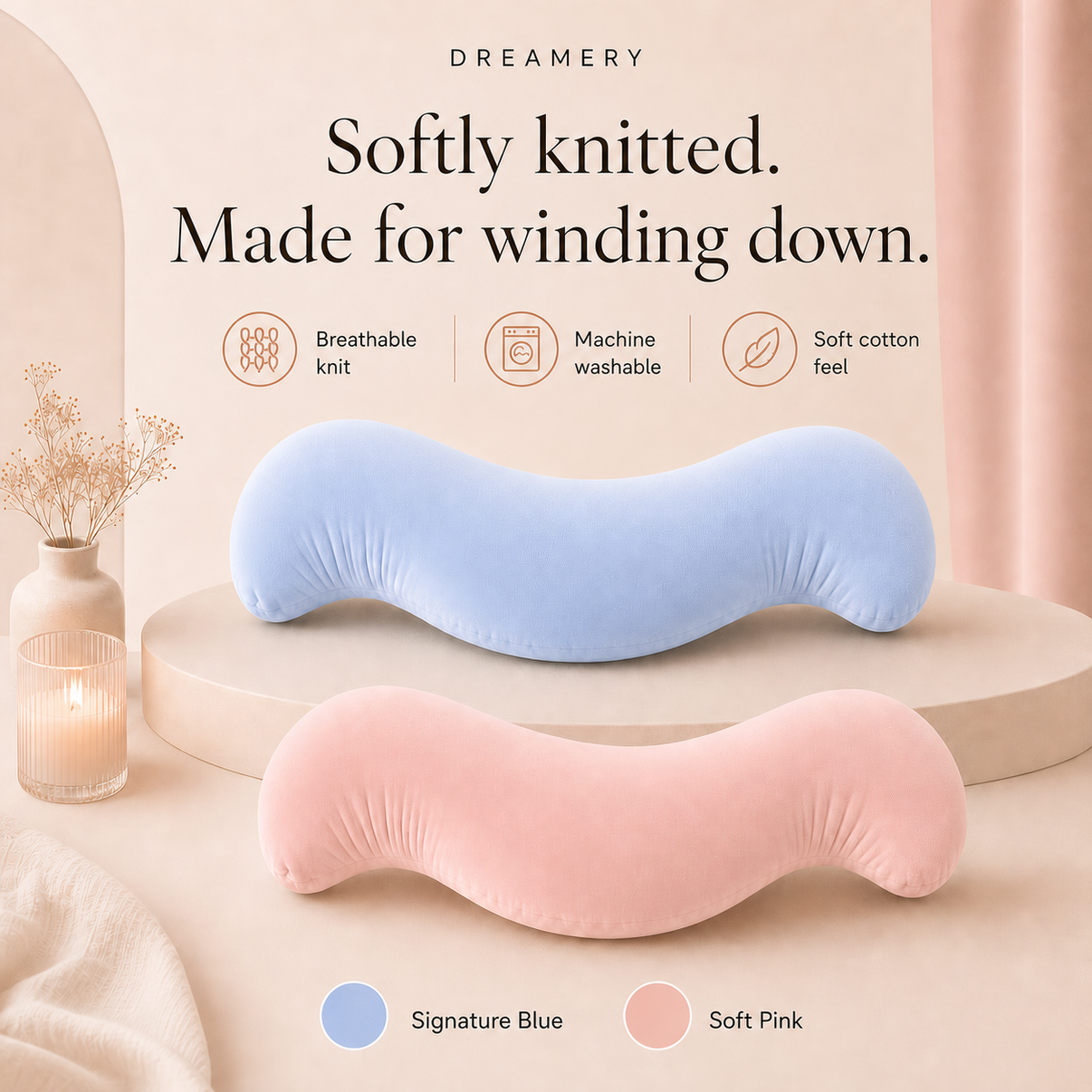 Dreamery Knitted Cotton Body Pillow Case in Signature Blue and Soft Pink; pillow insert not included