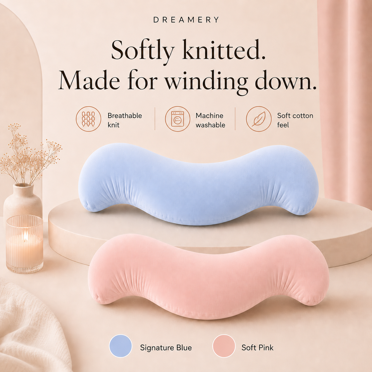 Dreamery Knitted Cotton Body Pillow Case in Signature Blue and Soft Pink; pillow insert not included