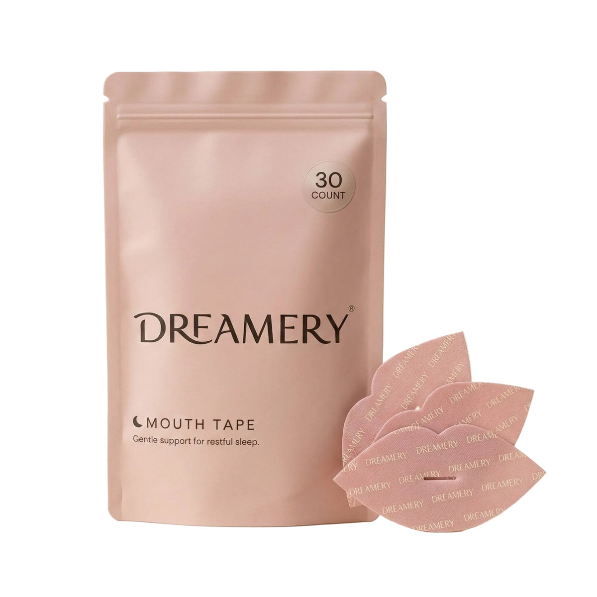 Dreamery Beauty Sleep Mouth Tape — 30 strips — pouch and lip-shaped strips on cream