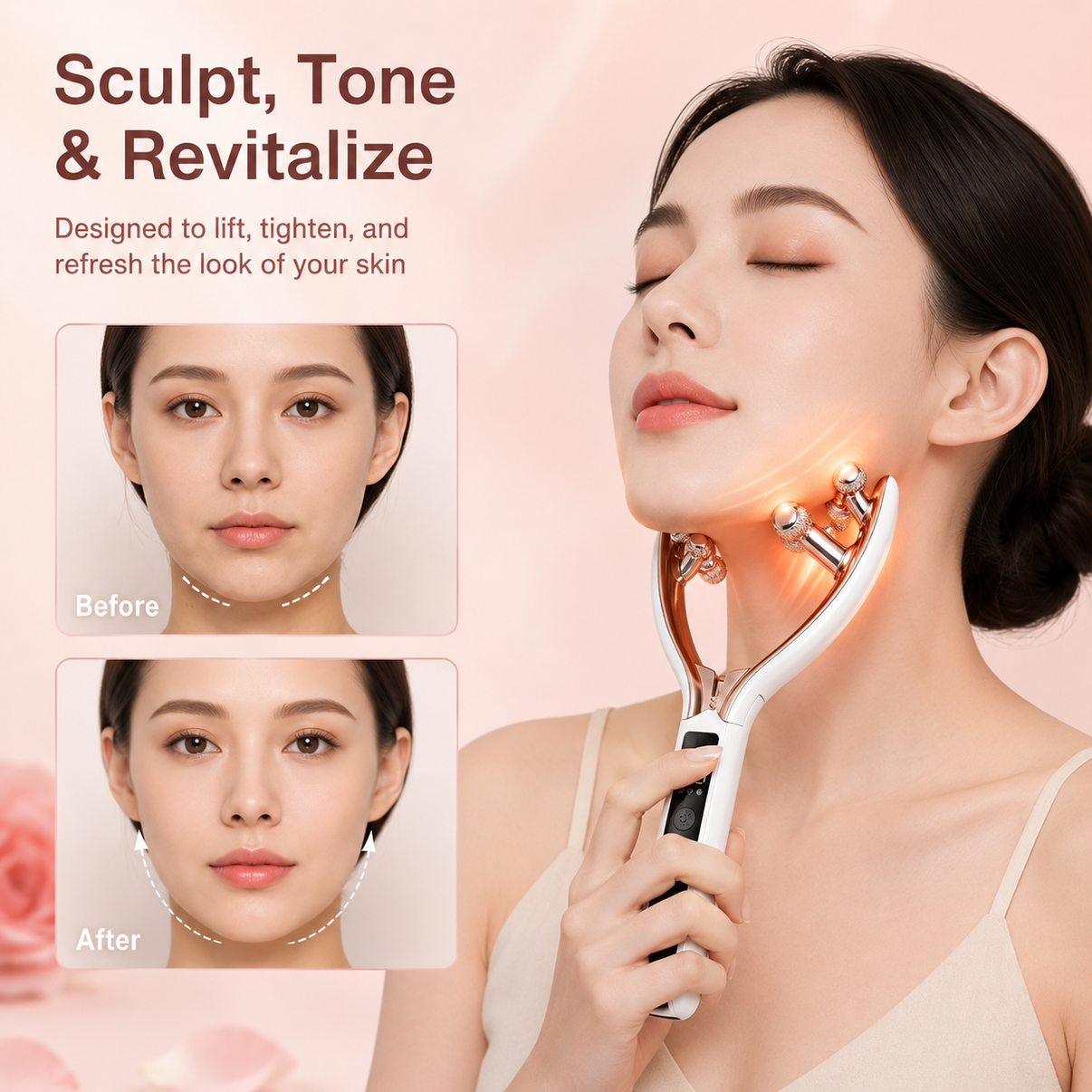 Dreamery V-shaped face massager routine image with before and after style visual comparison