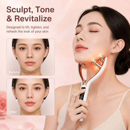 Dreamery V-shaped face massager routine image with before and after style visual comparison