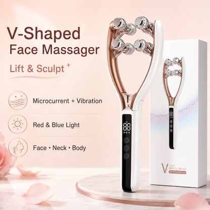 Dreamery V-shaped face massager hero image with key feature callouts