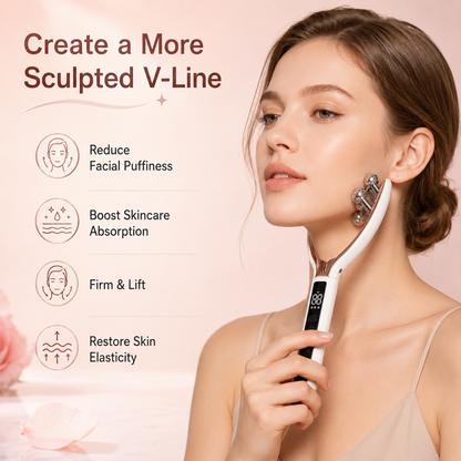 Woman using the Dreamery V-shaped face massager along the neck and jawline