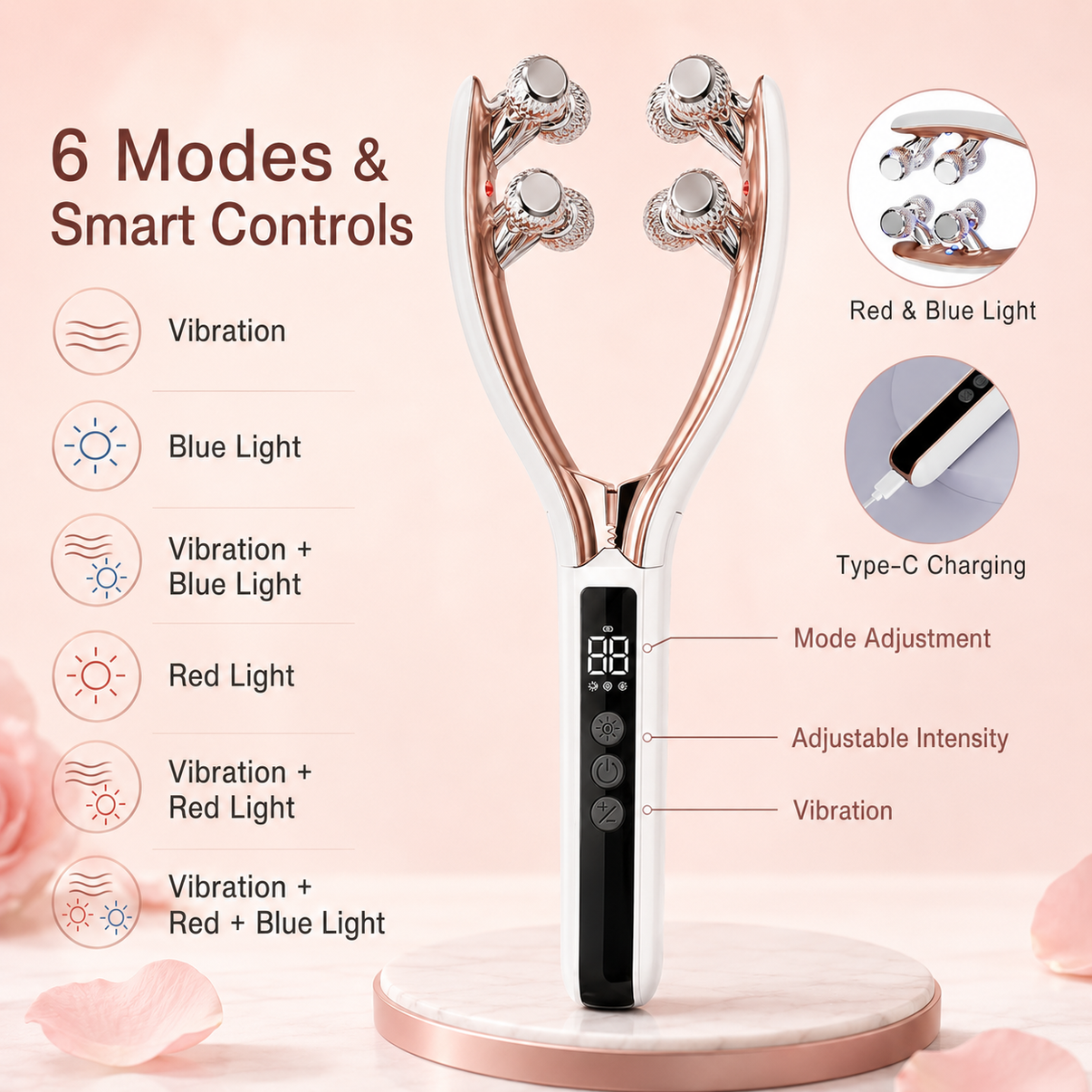 Dreamery V-shaped face massager modes, controls, light settings and Type-C charging