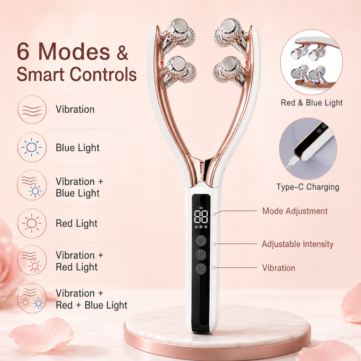 Dreamery V-shaped face massager modes, controls, light settings and Type-C charging
