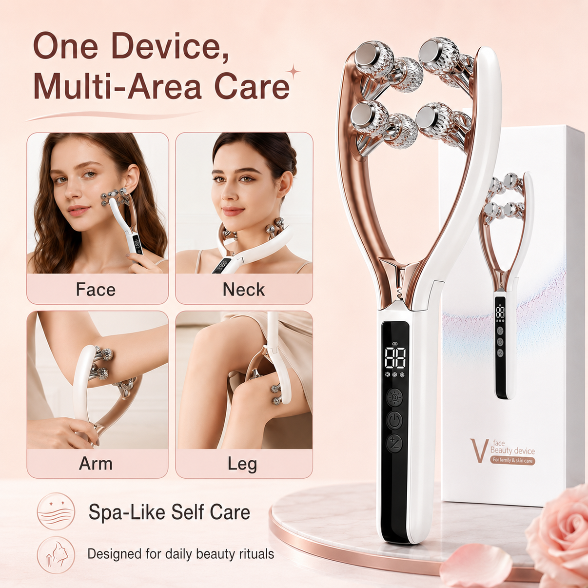 Dreamery V-shaped face massager shown for face, neck, arm and leg massage routines