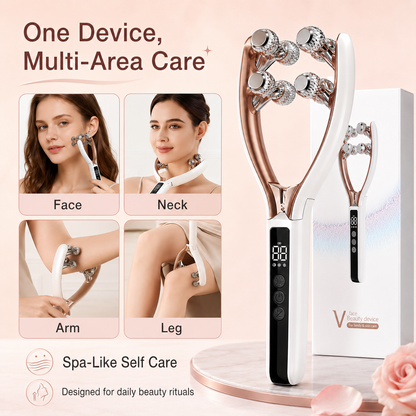 Dreamery V-shaped face massager shown for face, neck, arm and leg massage routines