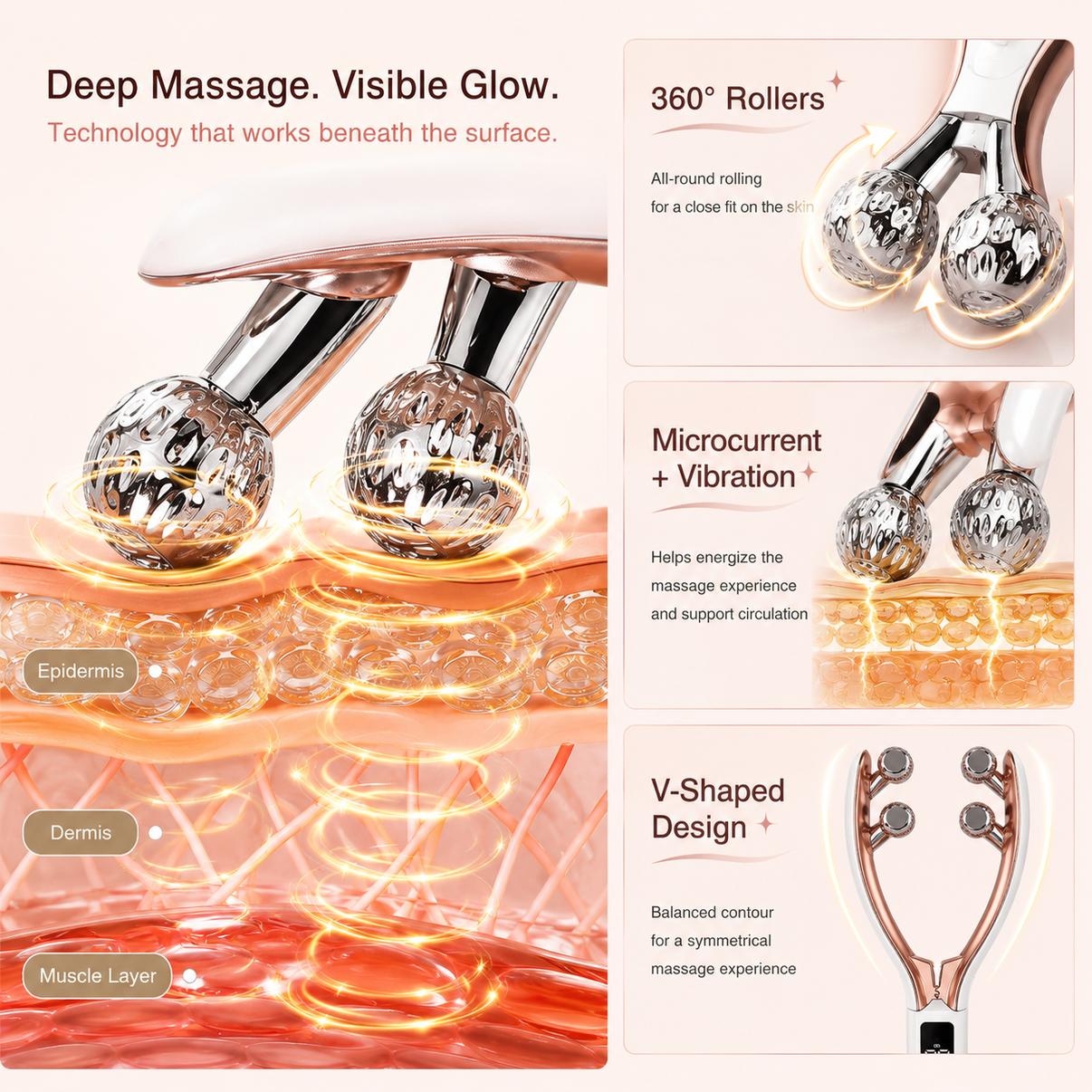 Dreamery V-shaped face massager detail image showing roller design and massage technology