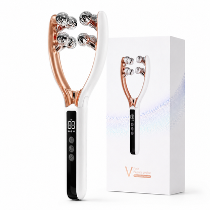 Dreamery V-shaped face massager with product box on a clean white background
