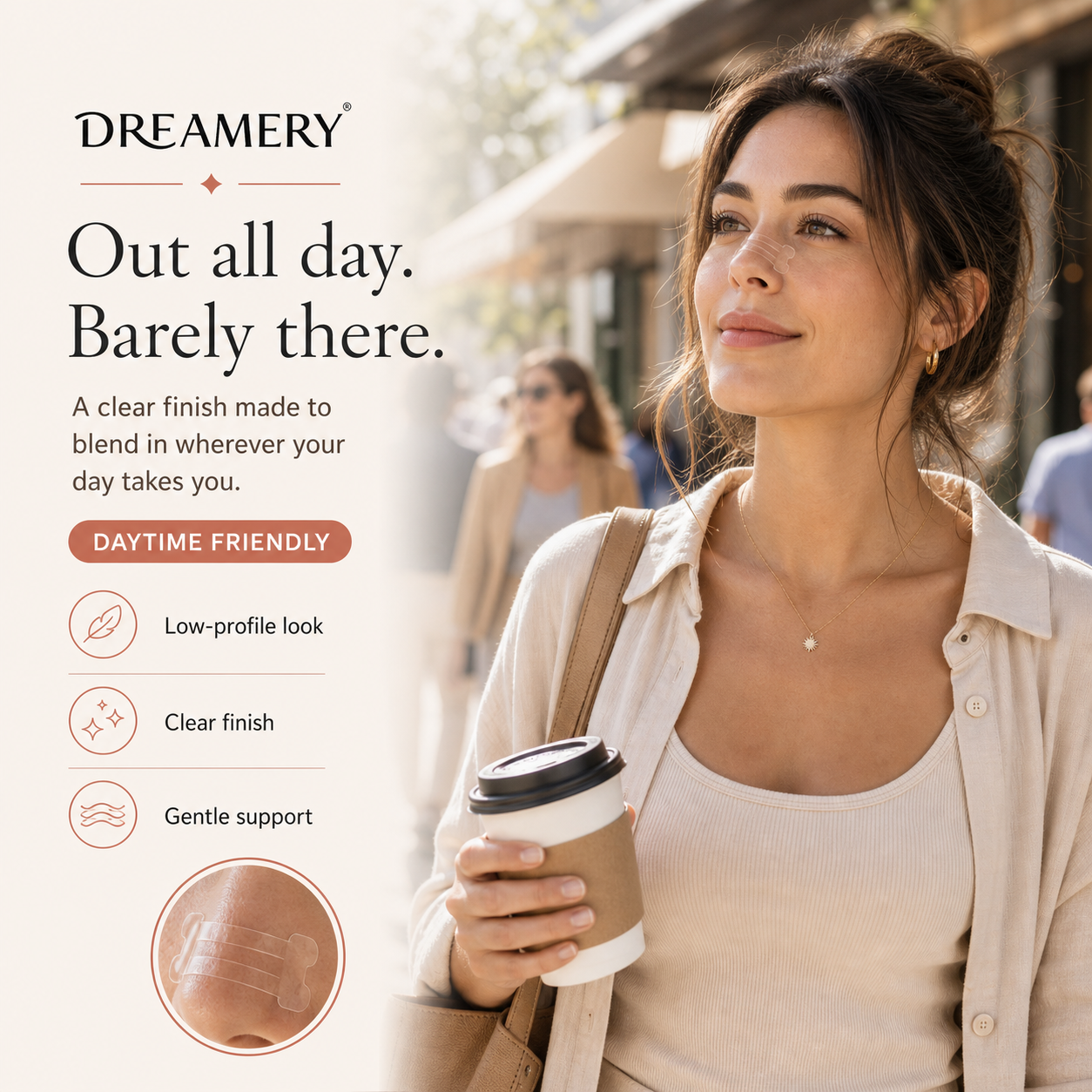 Dreamery clear nasal strips daytime-friendly visual showing a barely-there clear finish.
