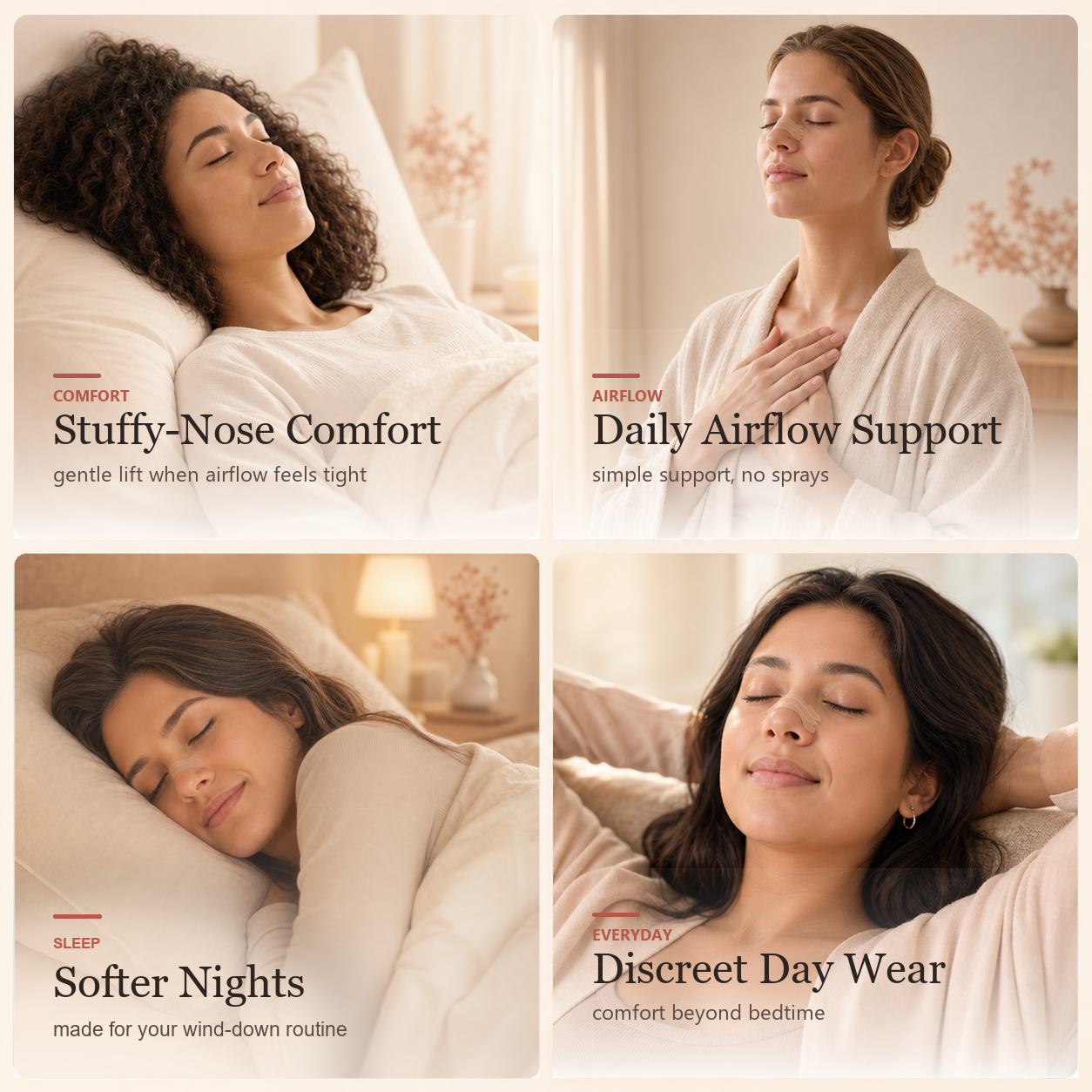 Dreamery nasal strips lifestyle grid showing stuffy-nose comfort, daily airflow support, softer nights, and discreet day wear.
