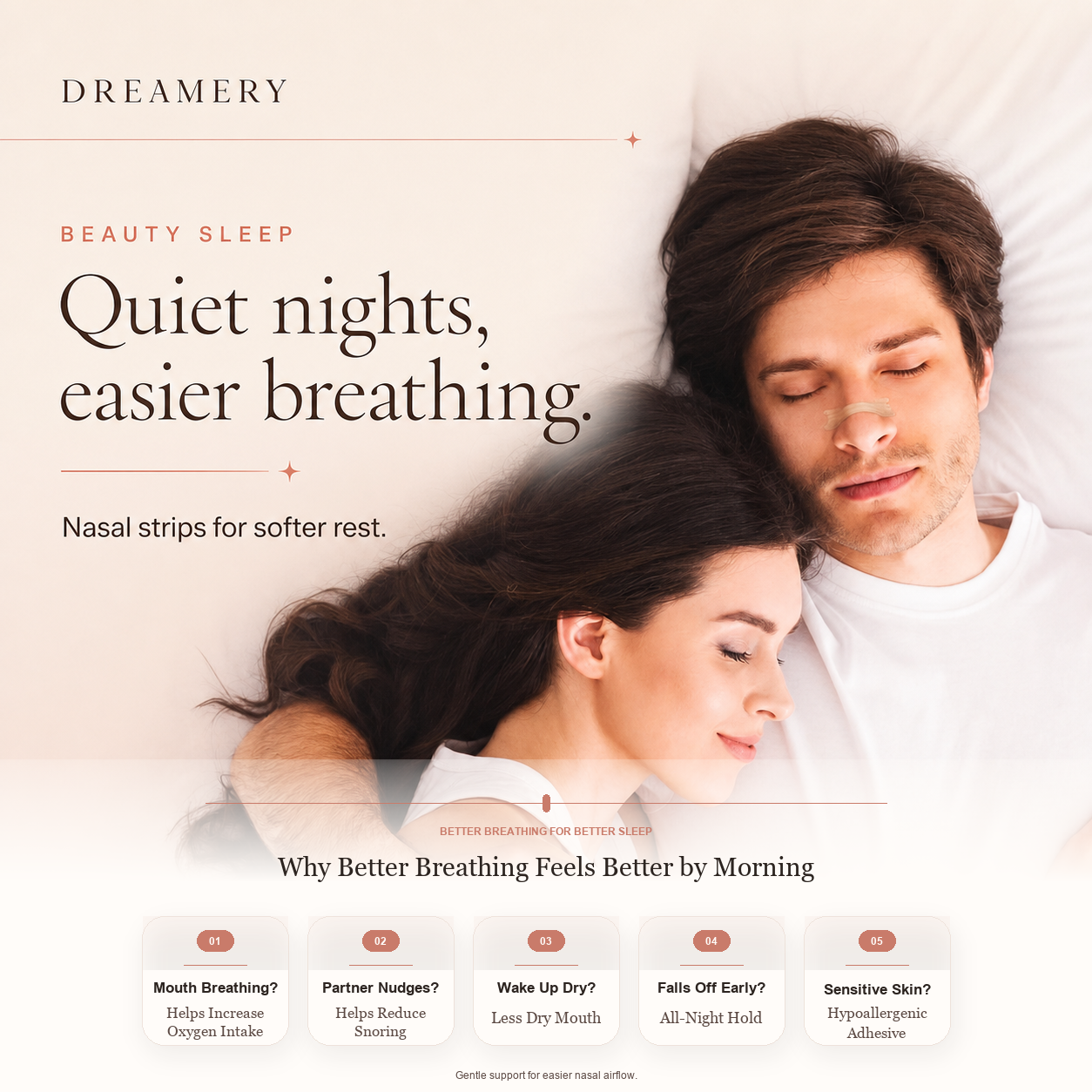 Dreamery nasal strips visual showing quiet nights, easier breathing, and comfort cards for better breathing by morning.